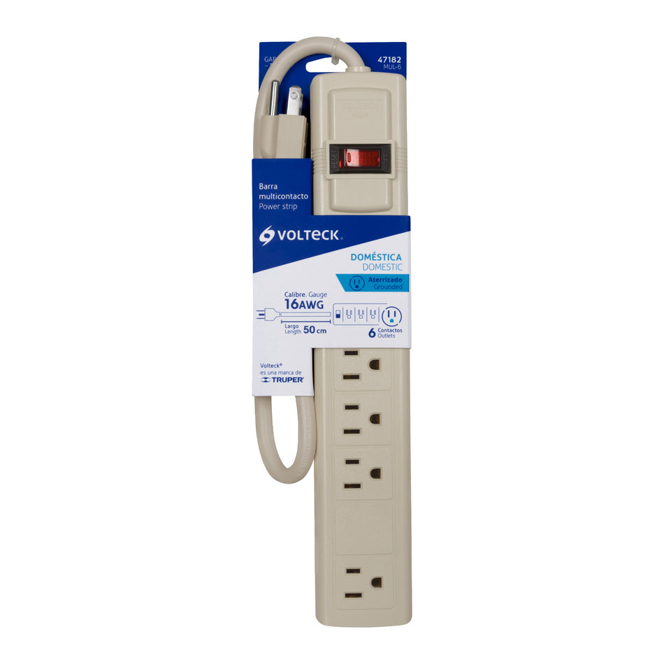 Multicontacto 16 AWG uso rudo con 6 entradas, Volteck Caja con 6, 47182