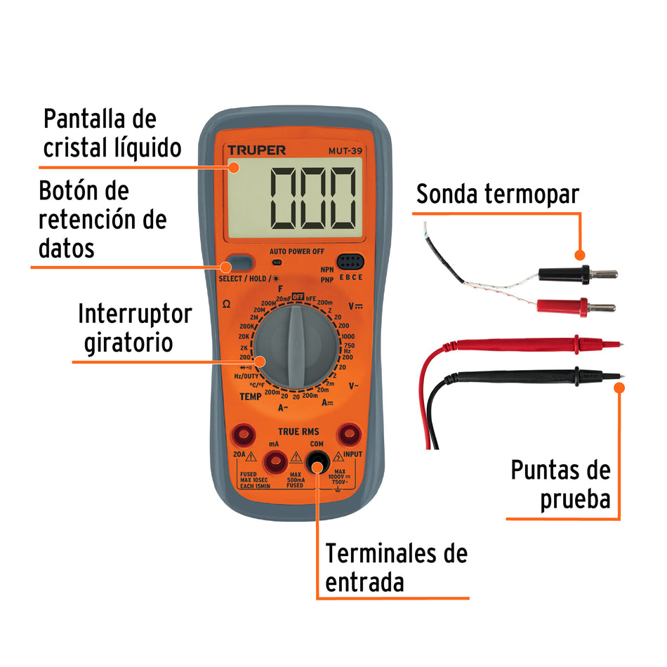 Multímetro digital profesional con RMS verdadero, Truper, 10402
