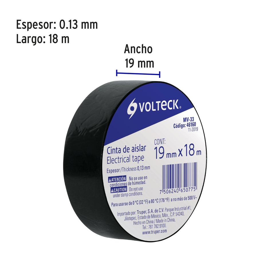 Cinta de aislar de 18 m x 19 mm, negra, Volteck Caja con 6, 46160