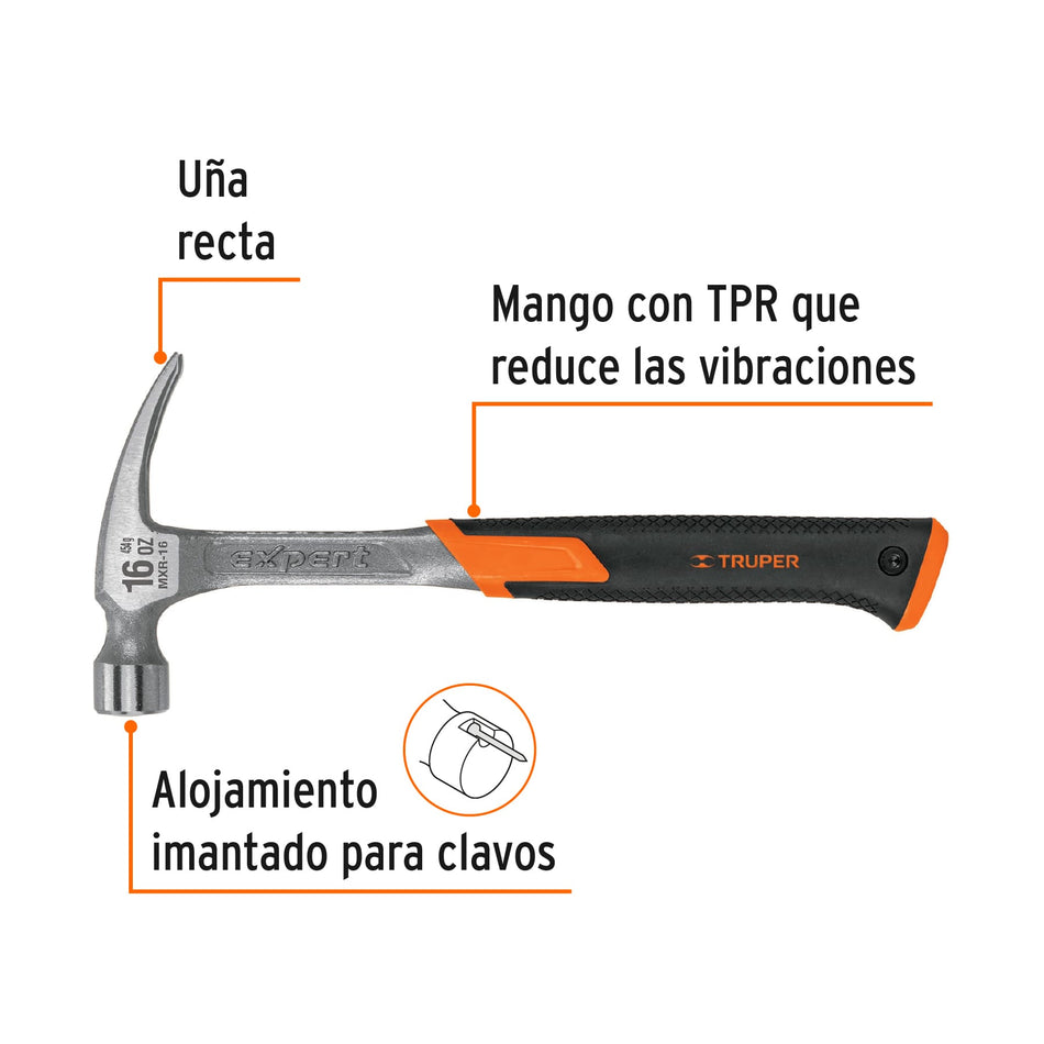 Martillo forjado 16 oz uña recta, mango con neopreno, Expert Caja con 4, 17857