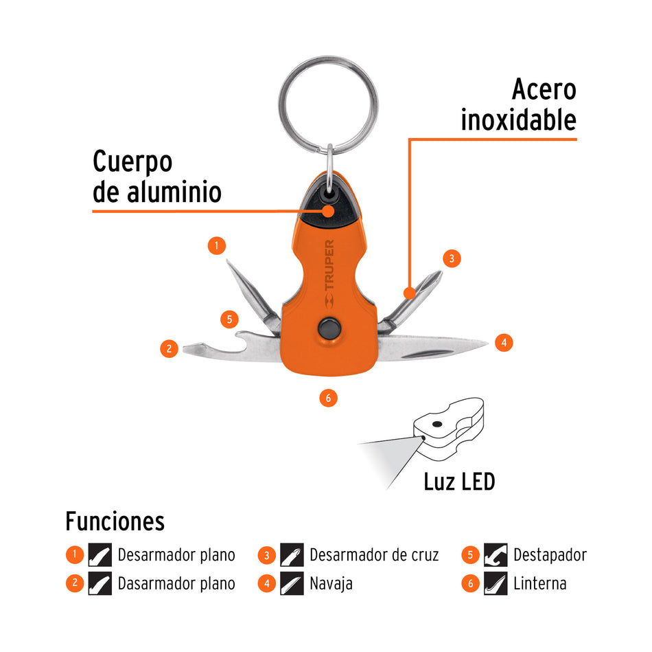 Multiherramienta 6 funciones, con LED, tipo llavero, Truper Caja con 6, 13336