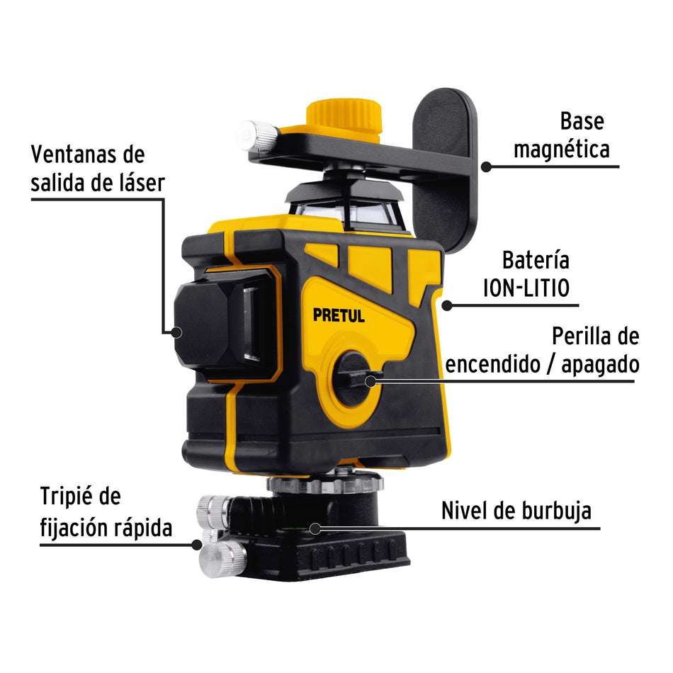 Nivel láser verde, alcance 25m, 12 líneas, recargable,PRETUL, 29005