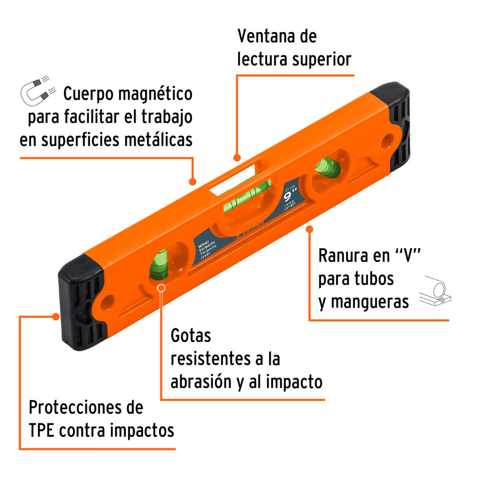 Nivel torpedo magnético de 9' con cuerpo de ABS, Truper Caja con 6, 11223