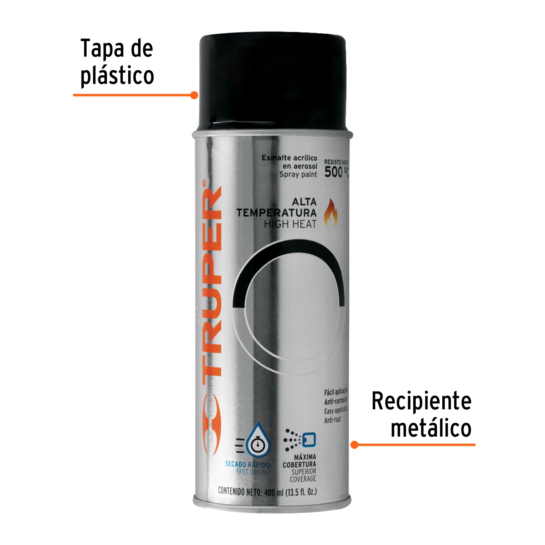 Pintura en aerosol alta temp, negro, bote tradicional, 400ml, 102852