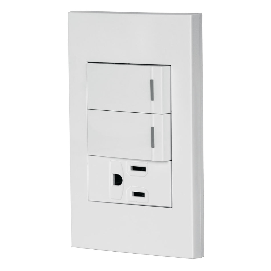 Placa armada 2 interruptores,1 contacto,1mod,Española,blanco Caja con 3, 45597