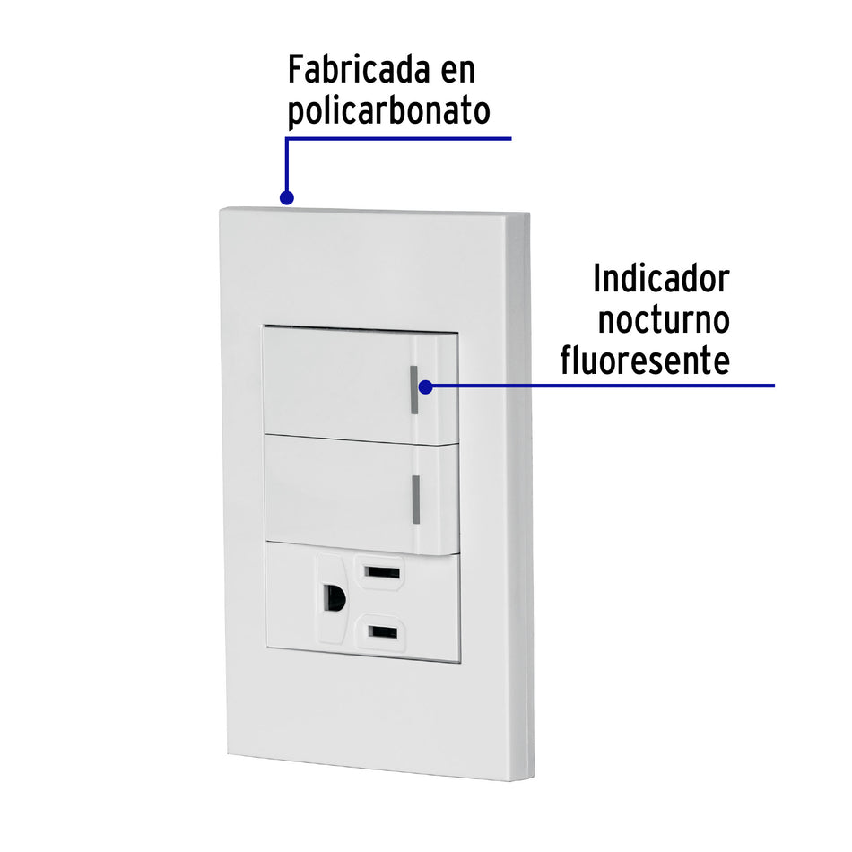 Placa armada 2 interruptores,1 contacto,1mod,Española,blanco Caja con 3, 45597