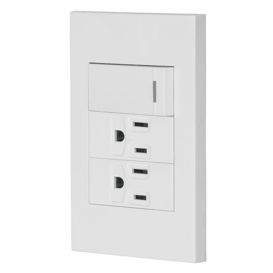 Placa armada 1 interruptor, 2 contactos,1mod,Española,blanco Caja con 3, 45594