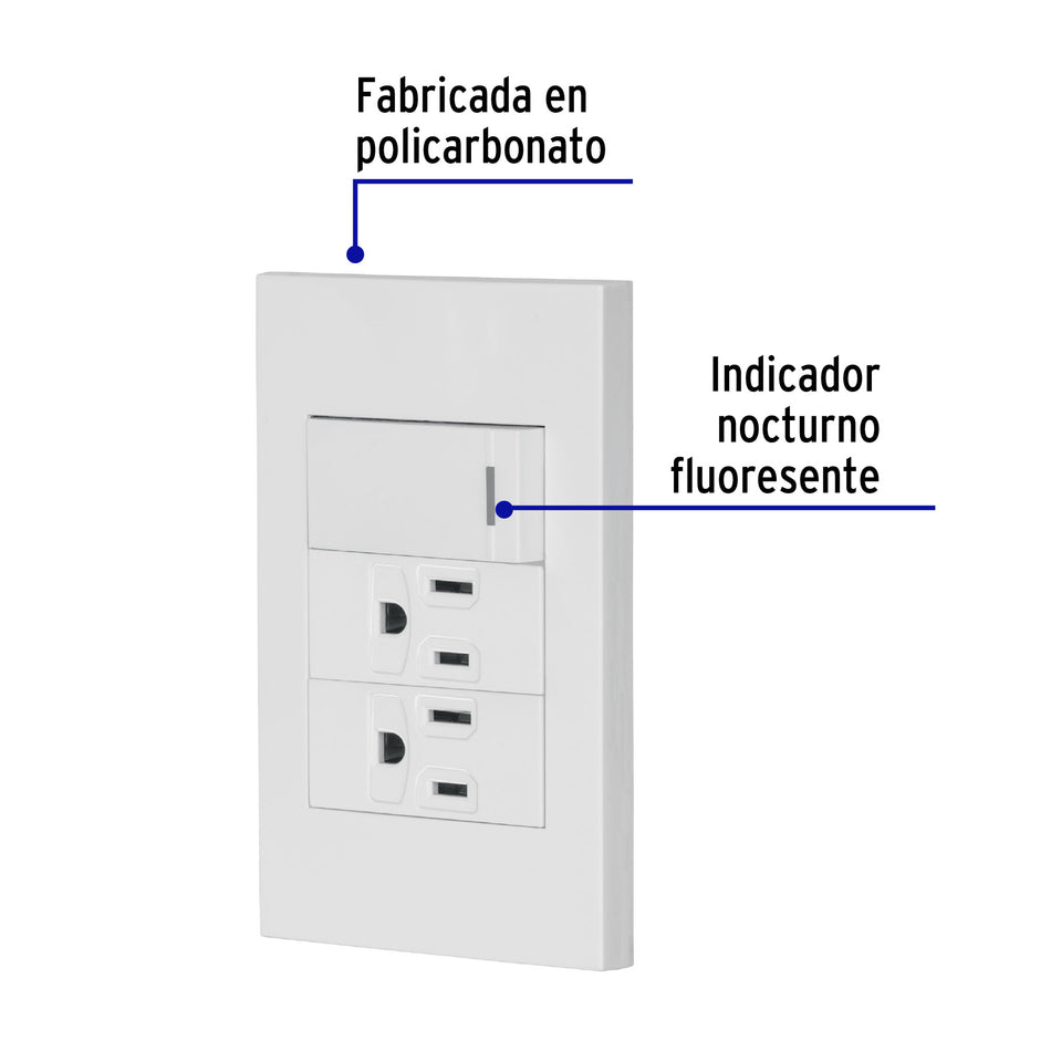 Placa armada 1 interruptor, 2 contactos,1mod,Española,blanco Caja con 3, 45594