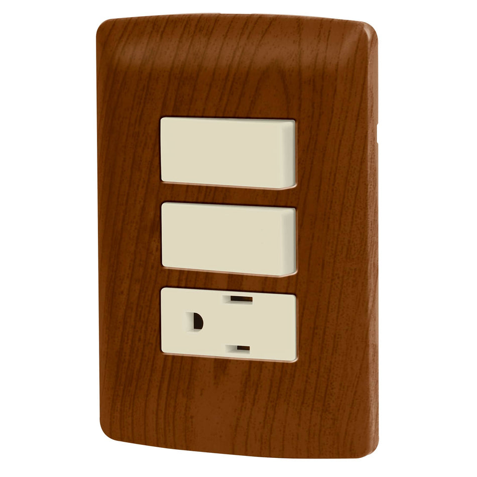 Placa armada contacto 2 interruptores,madera, línea Italiana Caja con 3, 49936