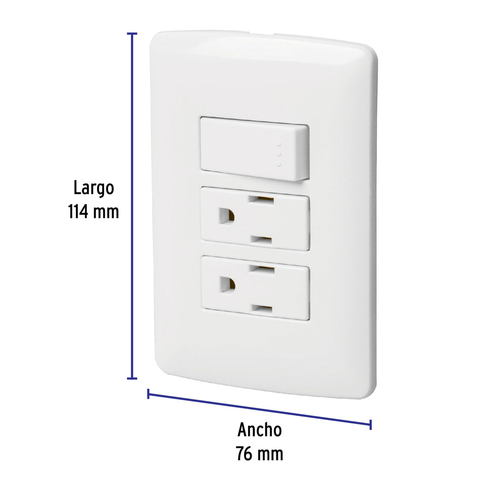 Placa armada 2 contactos e interruptor,blanco,línea Italiana Caja con 6, 46457