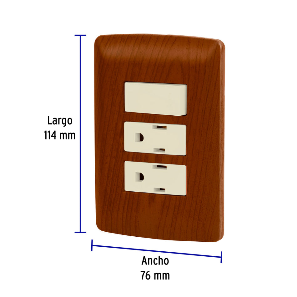 Placa armada 2 contactos e interruptor,madera,línea Italiana Caja con 3, 49937