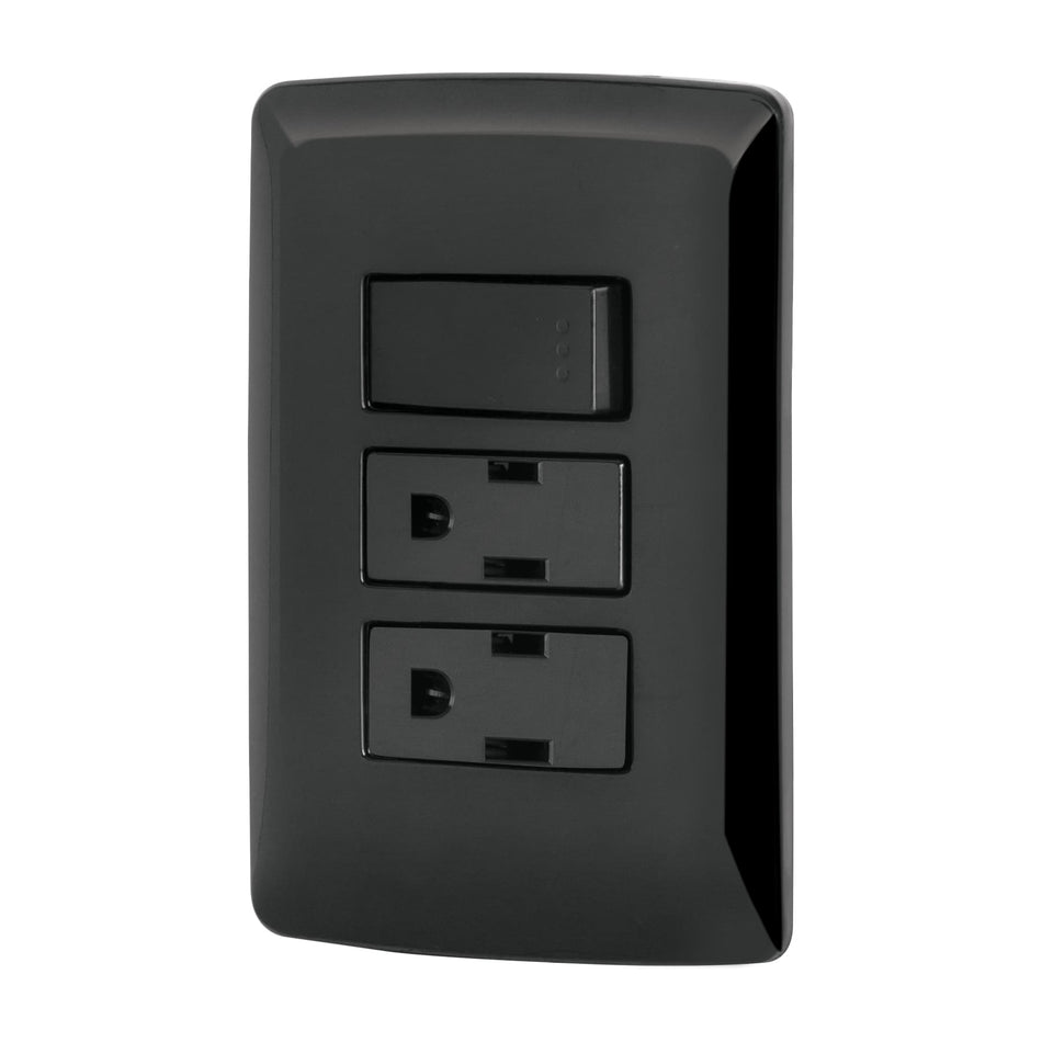 Placa armada 2 contactos e interruptor,negro, línea Italiana Caja con 3, 47593