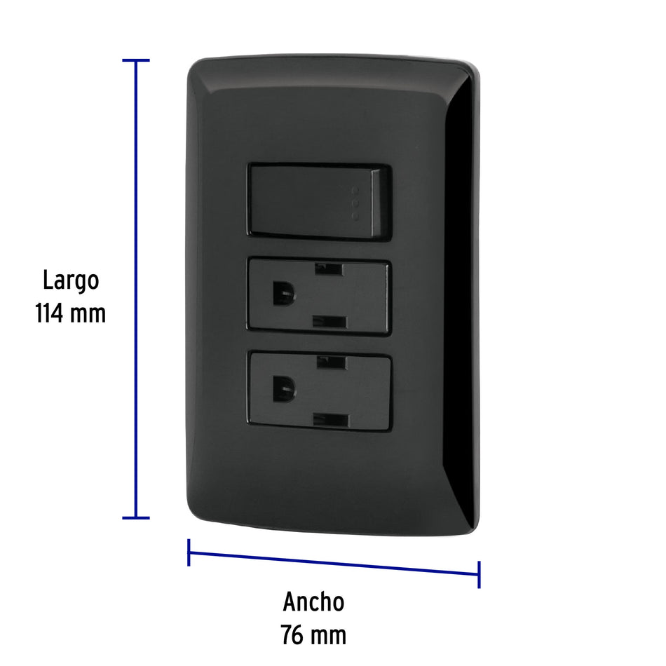 Placa armada 2 contactos e interruptor,negro, línea Italiana Caja con 3, 47593