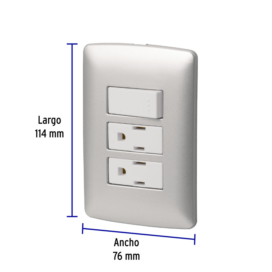 Placa armada 2 contactos e interruptor,plata, línea Italiana Caja con 3, 46475