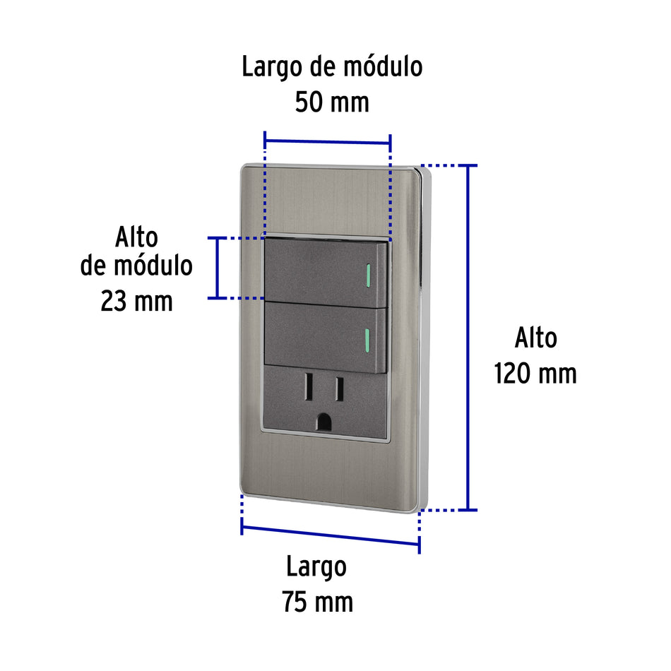 Placa armada acero 2 interruptores y contacto 1 mód,Lisboa Caja con 3, 47847