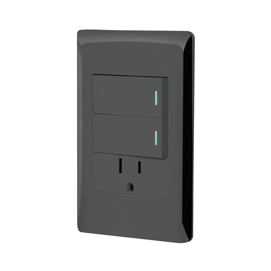 Placa armada negra 2 interruptores y contacto 1 mód,Lisboa Caja con 3, 47900