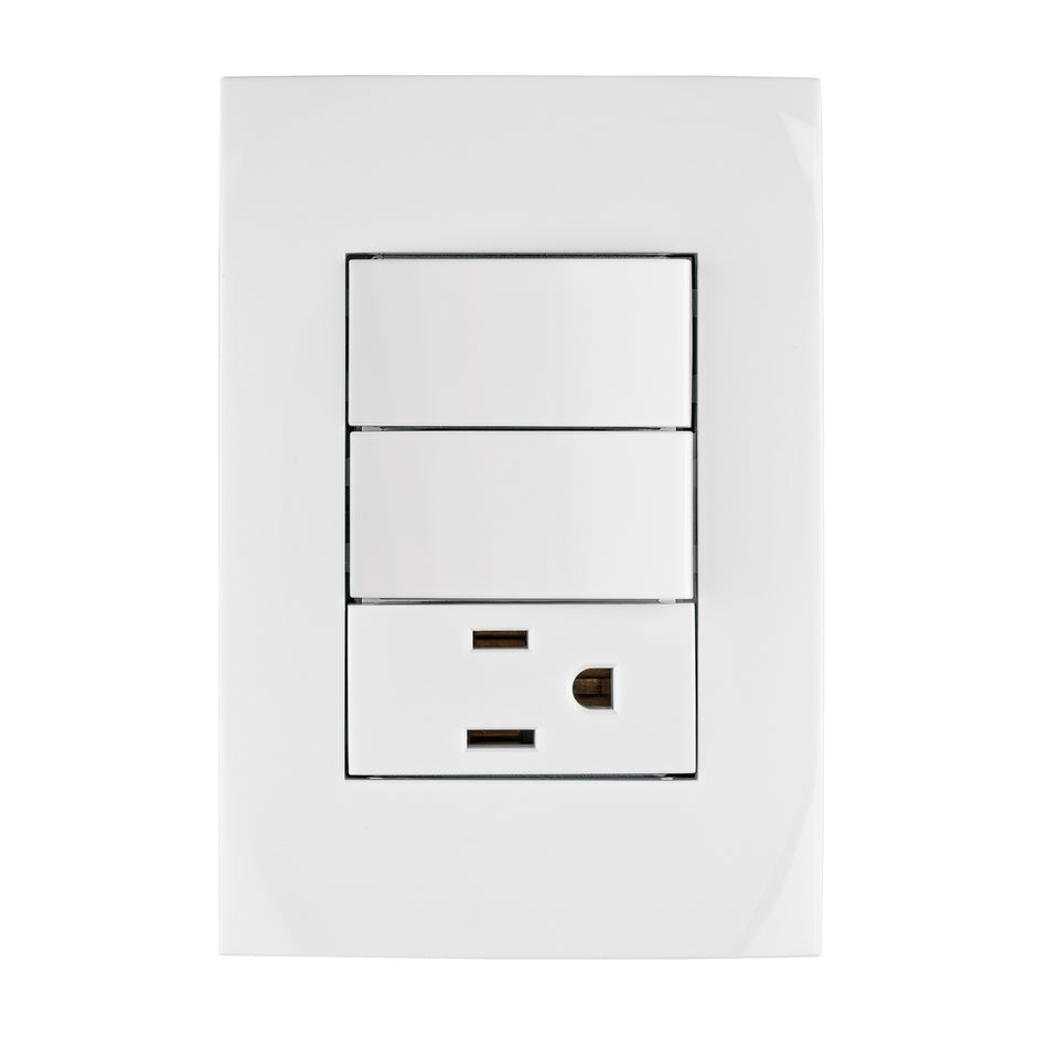 Placa armada contacto y 2 interruptores, línea Oslo, blanco Caja con 3, 46488