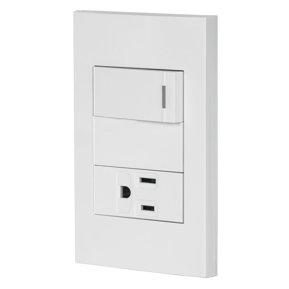 Placa armada 1 interruptor,1 contacto,1mod, Española, blanco Caja con 3, 45590
