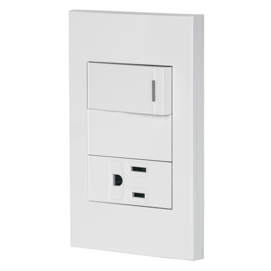 Placa armada 1 interruptor,1 contacto,1mod, Española, blanco Caja con 3, 45590