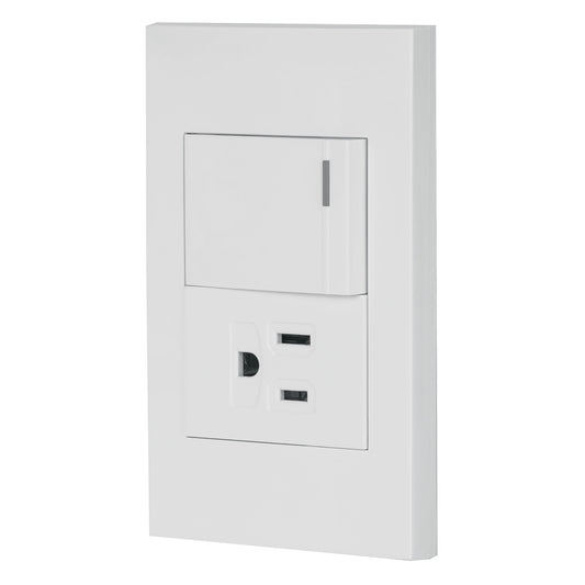 Placa armada 1 interruptor,1contacto,1.5mod,Española, blanco Caja con 3, 45591