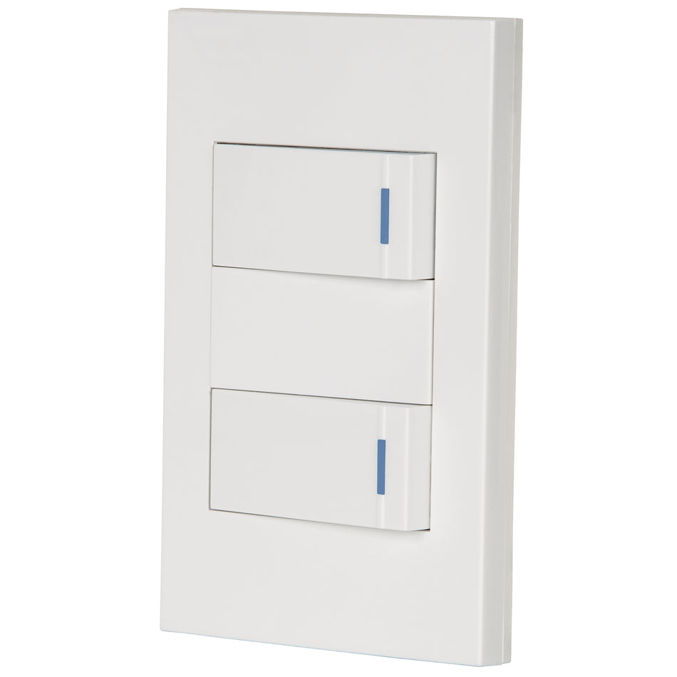 Placa armada 2 interruptores 1de 3vías,1 mod,Española,blanco Caja con 3, 45602
