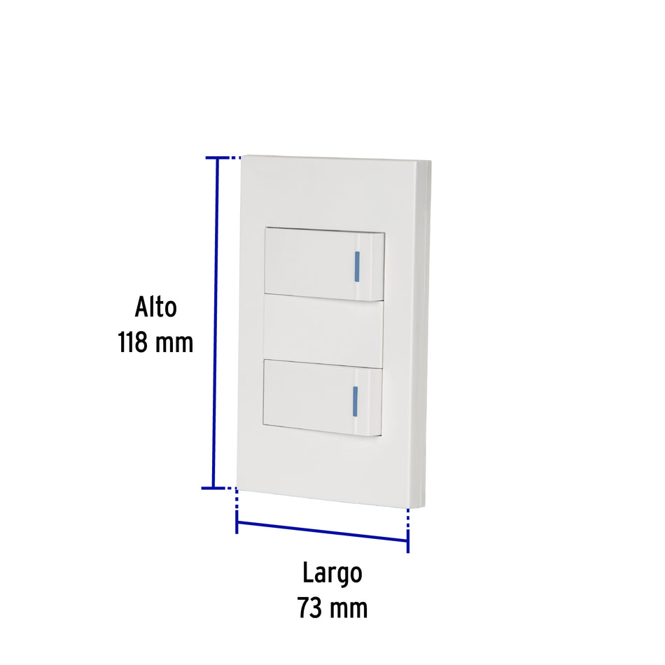 Placa armada 2 interruptores 1de 3vías,1 mod,Española,blanco Caja con 3, 45602