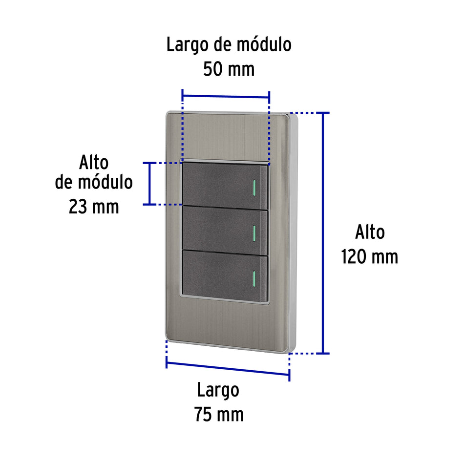 Placa armada acero inox 3 interruptores 1 módulo, Lisboa Caja con 3, 47836