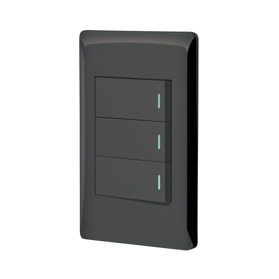 Placa armada negra 3 interruptores 1 módulo, Lisboa, Volteck Caja con 3, 47889