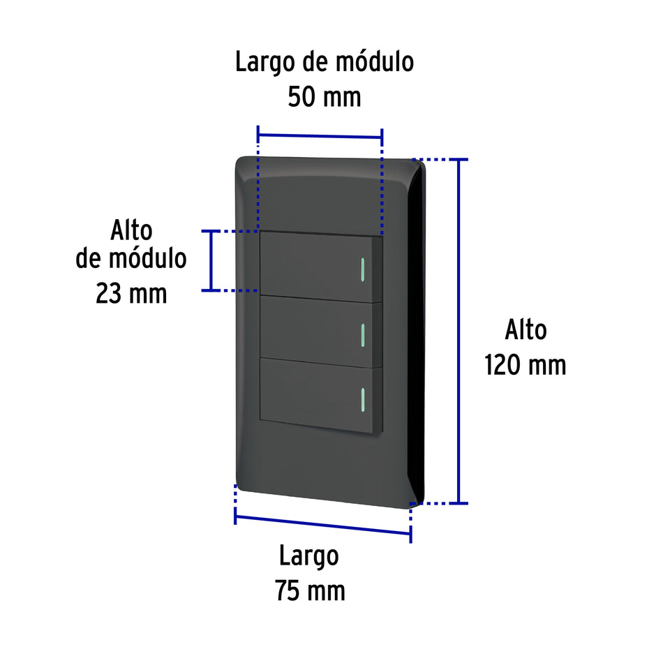 Placa armada negra 3 interruptores 1 módulo, Lisboa, Volteck Caja con 3, 47889