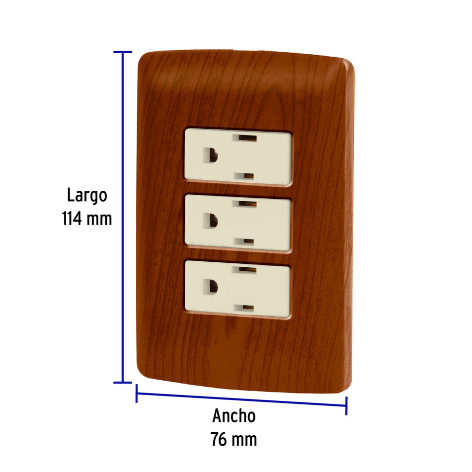 Placa armada 3 contactos aterrizados, madera, línea Italiana Caja con 3, 49944