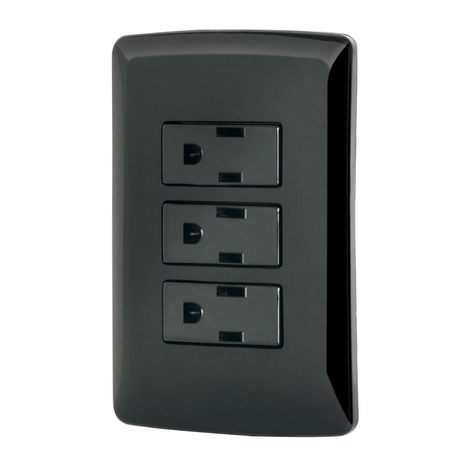 Placa armada 3 contactos aterrizados, negro, línea Italiana Caja con 3, 47594