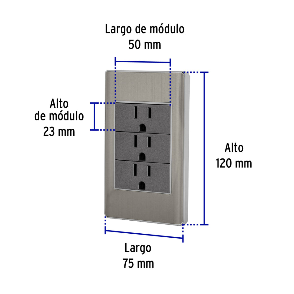Placa armada acero inox 3 contactos 1 módulo, Lisboa Caja con 3, 47850