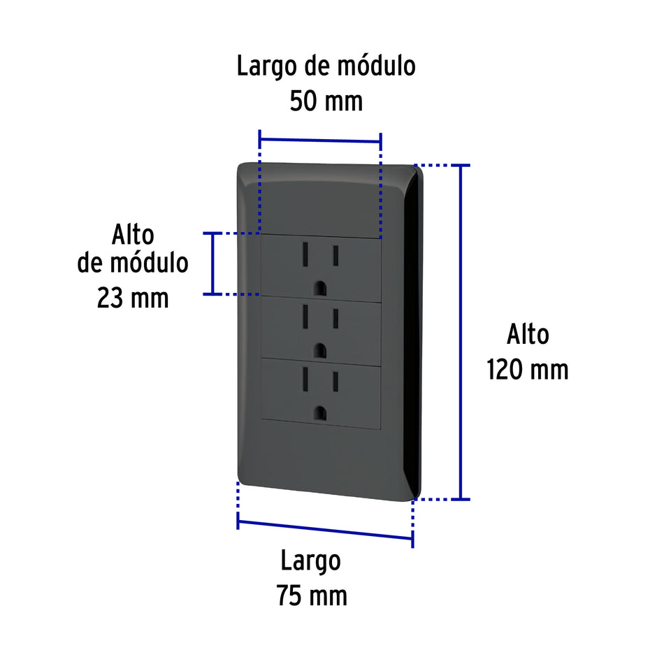 Placa armada negra 3 contactos 1 módulo, Lisboa, Volteck Caja con 3, 47903