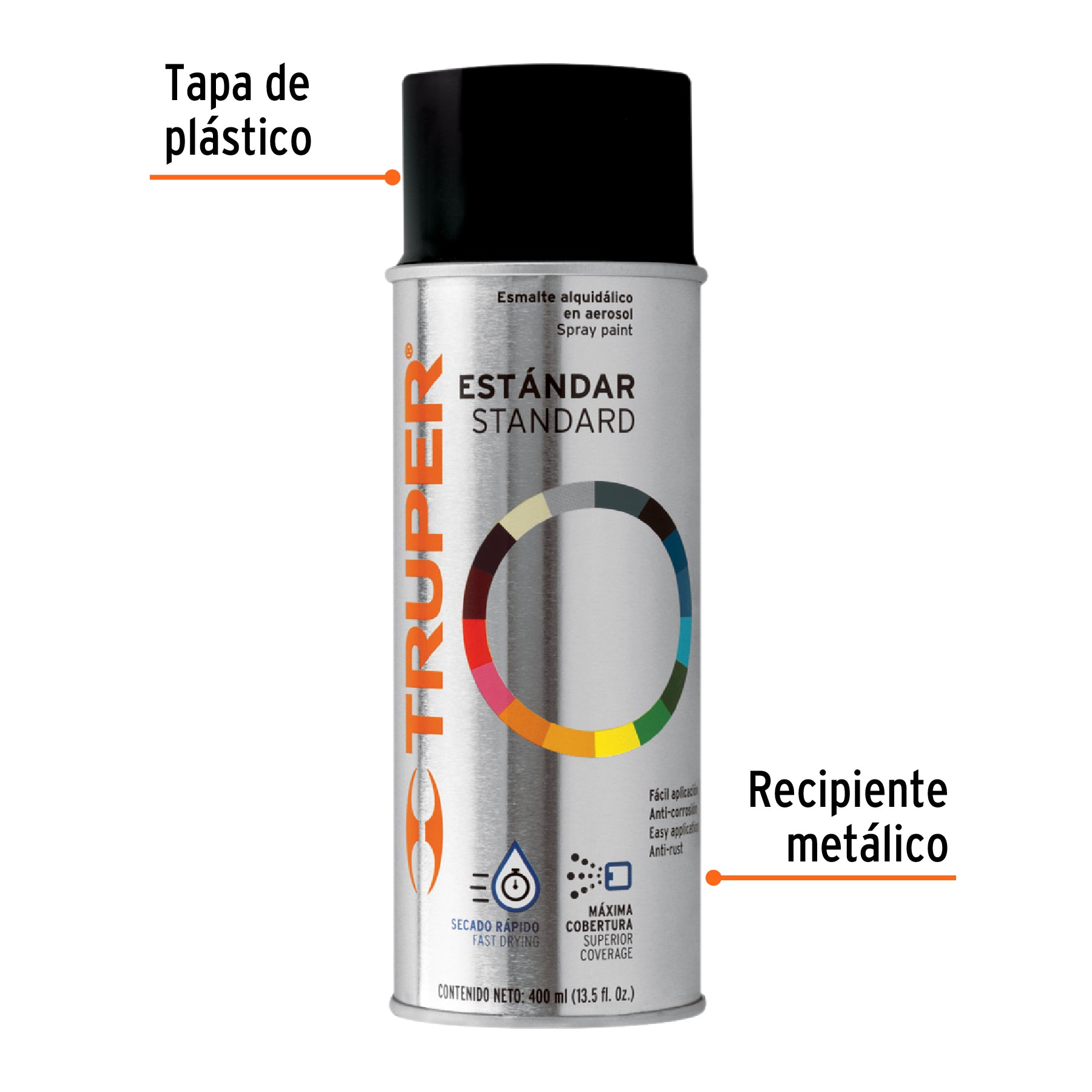 Pintura en aerosol, negro brillante, bote tradicional, 400ml, 102807