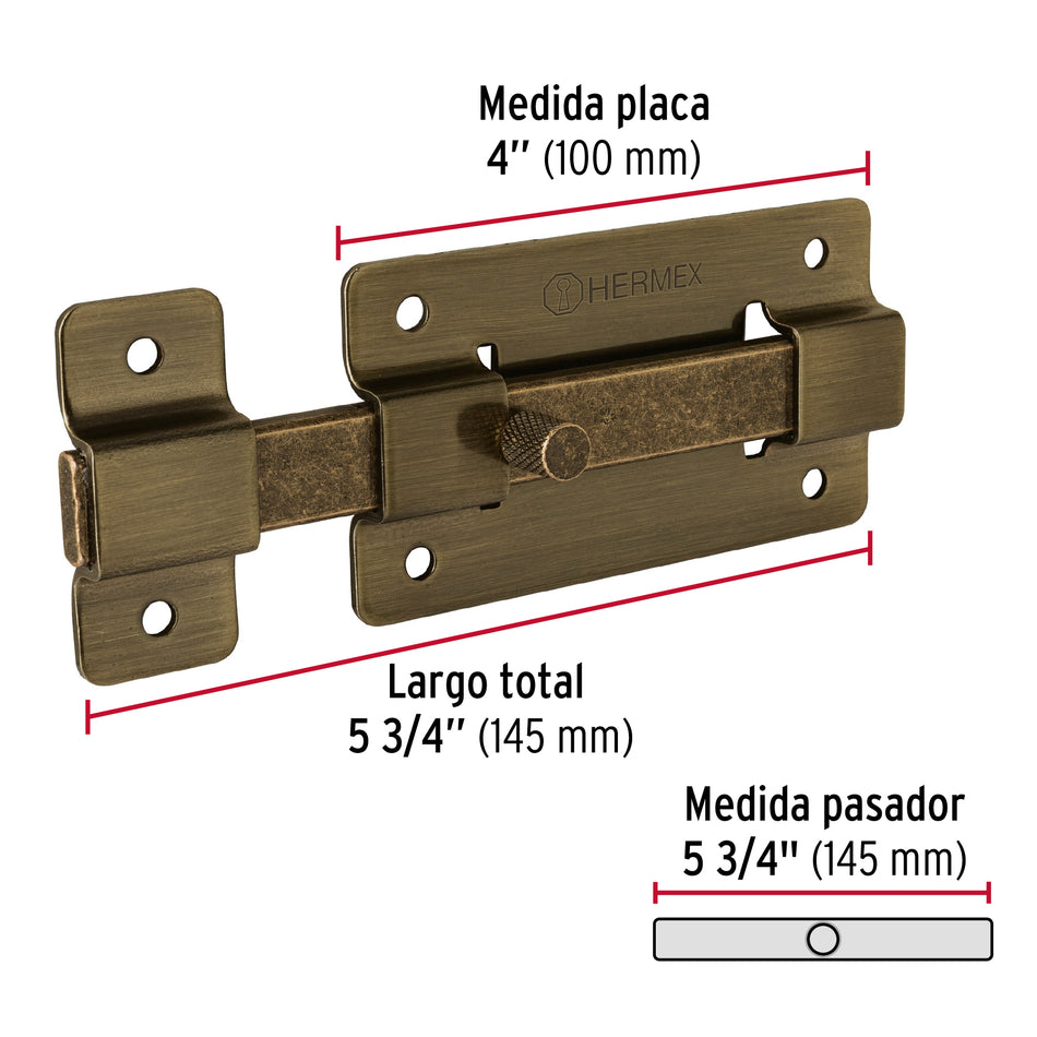 Pasador de barra plana 4', latón antiguo, Hermex Caja con 6, 47927