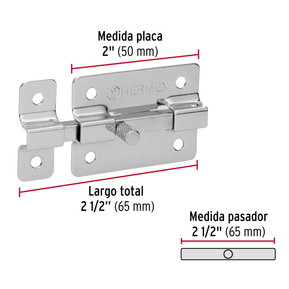 Pasador de barra plana 2' acabado cromo, Hermex Caja con 6, 43713