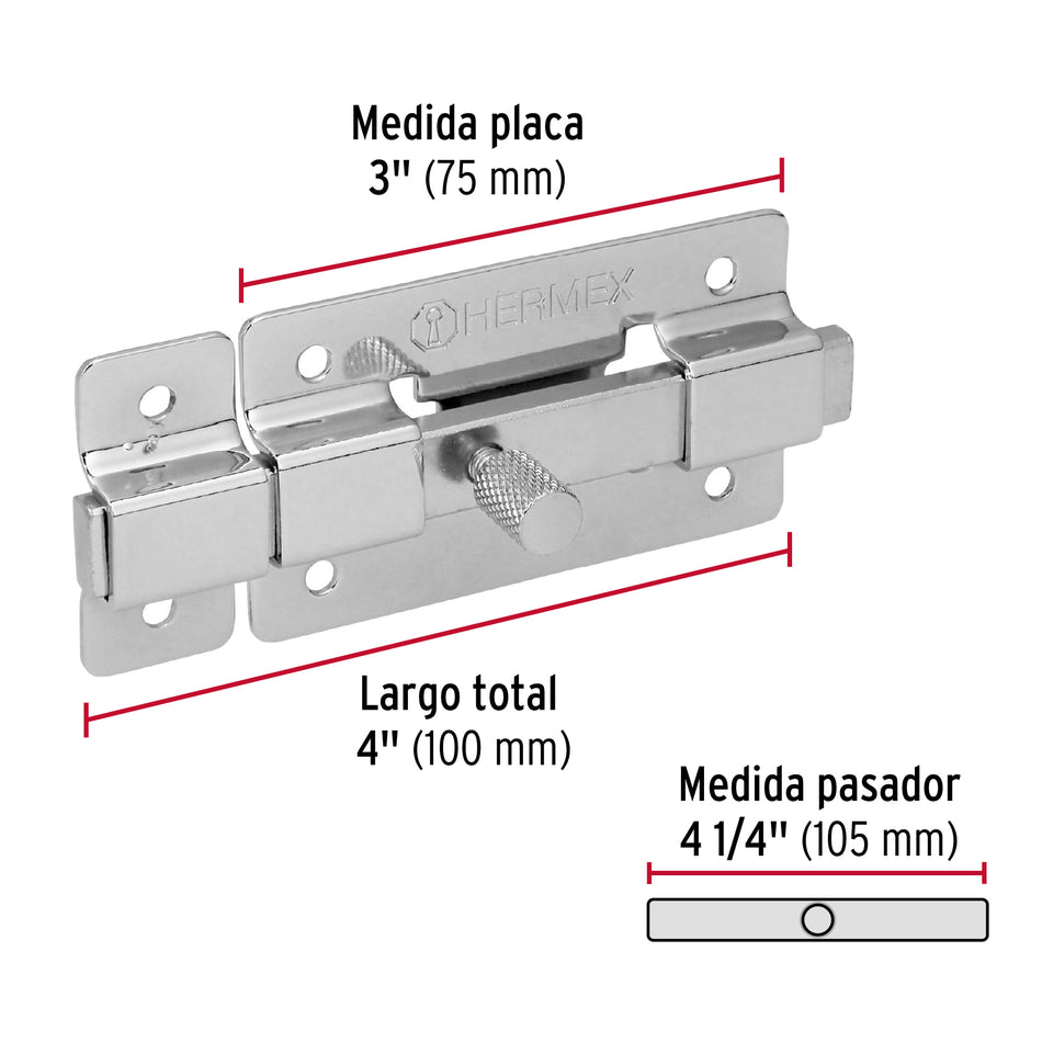 Pasador de barra plana 3' acabado cromo, Hermex Caja con 6, 43714
