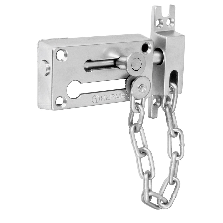 Pasador con cadena para puerta, acabado cromo mate, Hermex Caja con 6, 43709