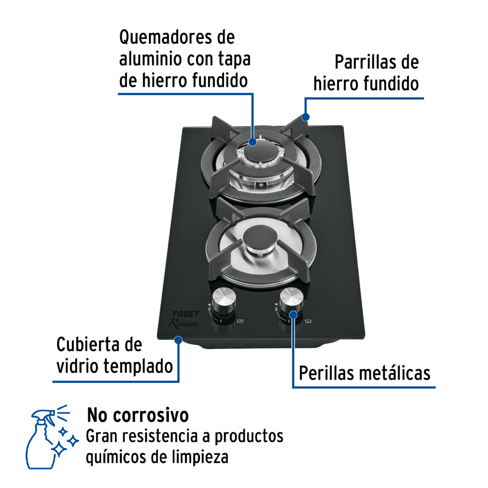 Parrilla gas empotrable 30cm, 2 quem, vidrio negro, Riviera, 46249