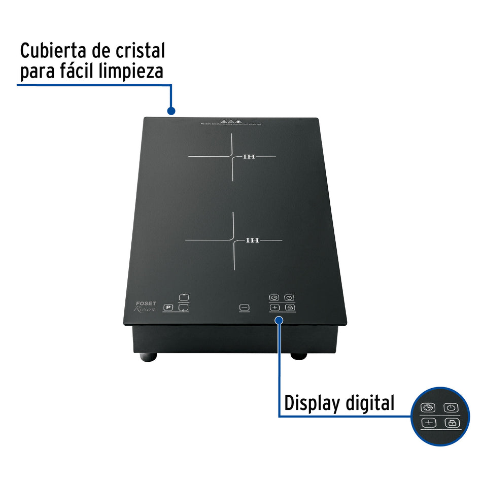 Parrilla inducción empotrable 30cm, 2 quem, vidrio, Riviera, 46917