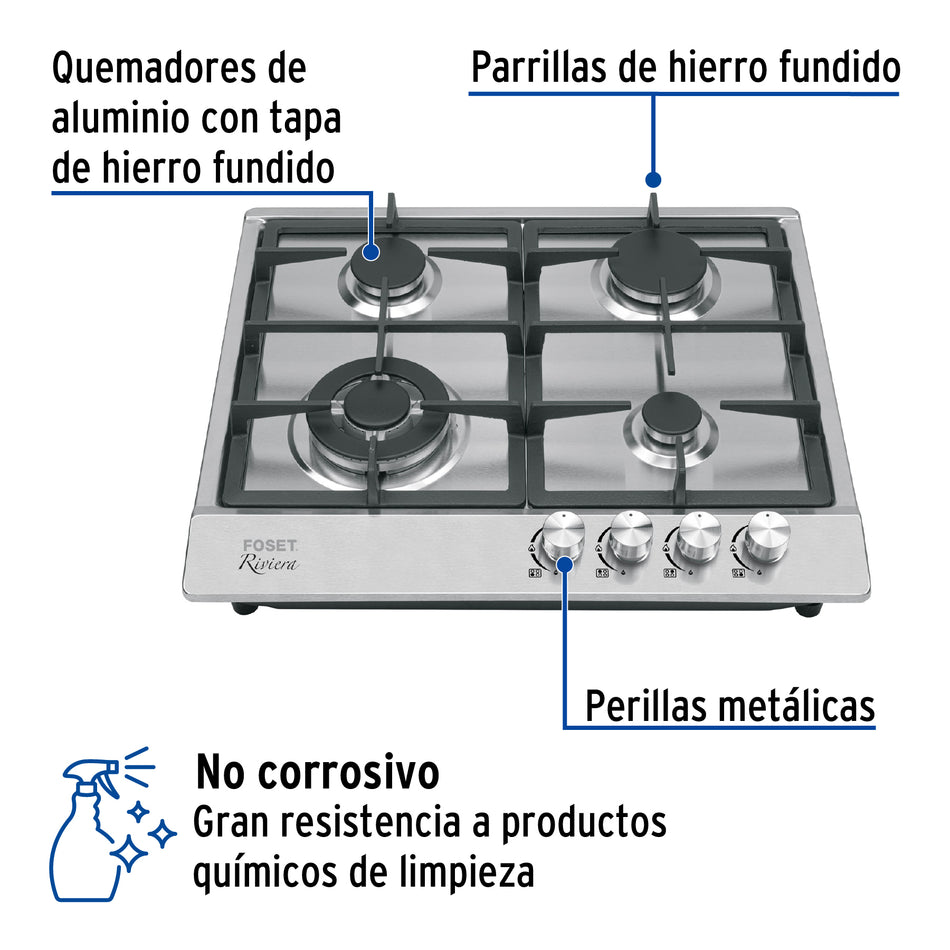 Parrilla gas empotrable 60cm, 4 quem, acero inox, Riviera, 48406