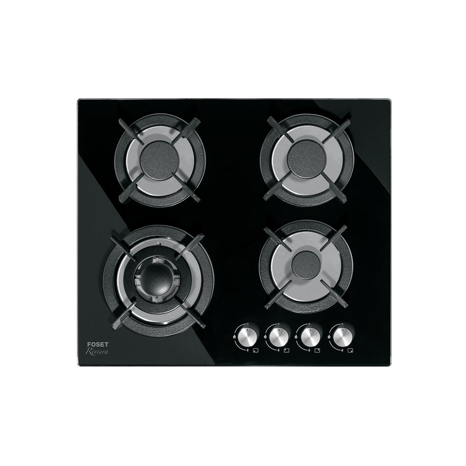 Parrilla gas empotrable 60cm, 4 quem, vidrio negro, Riviera, 48408