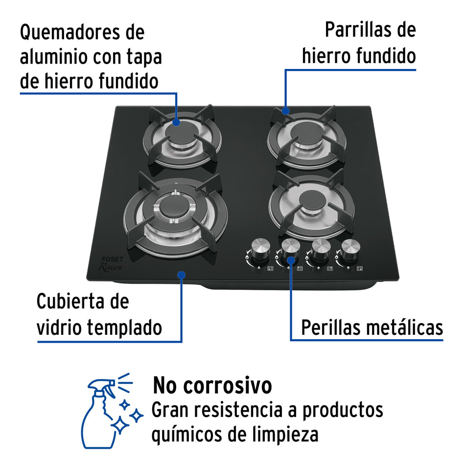 Parrilla gas empotrable 60cm, 4 quem, vidrio negro, Riviera, 48408