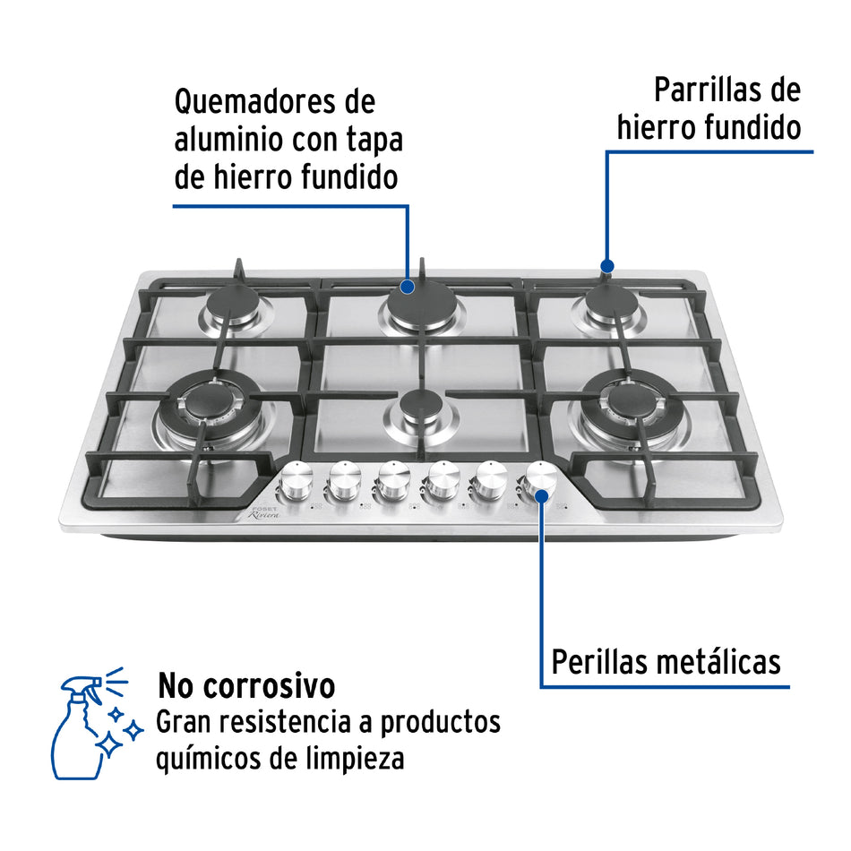 Parrilla gas empotrable 90cm, 6 quem, acero inox, Riviera, 48315