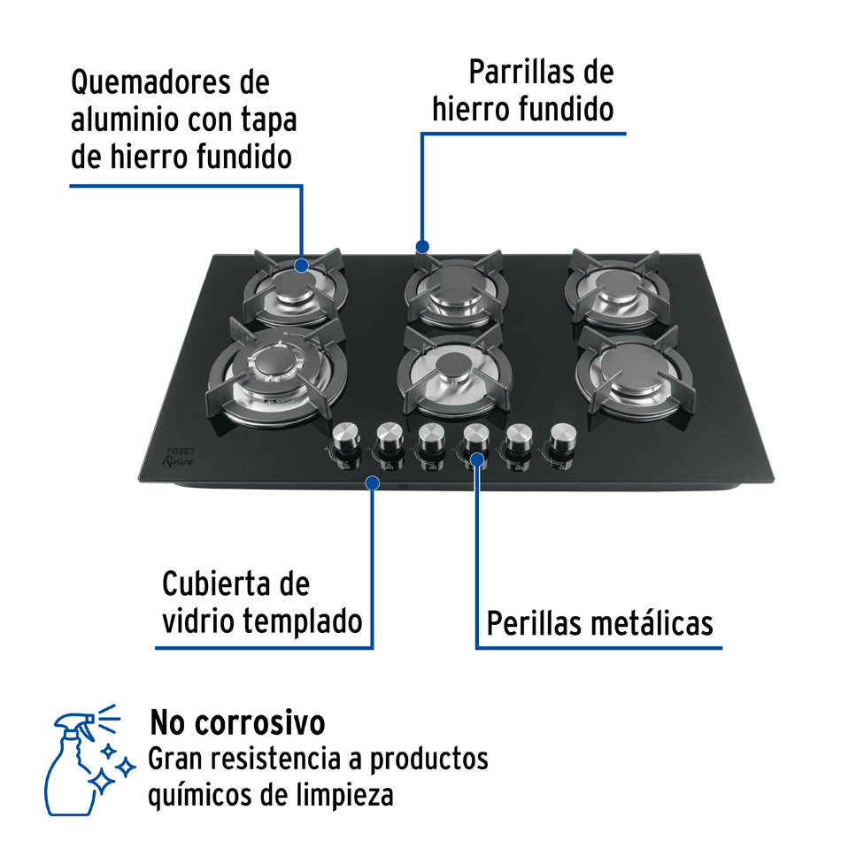 Parrilla gas empotrable 90cm, 6 quem, vidrio negro, Riviera, 46247