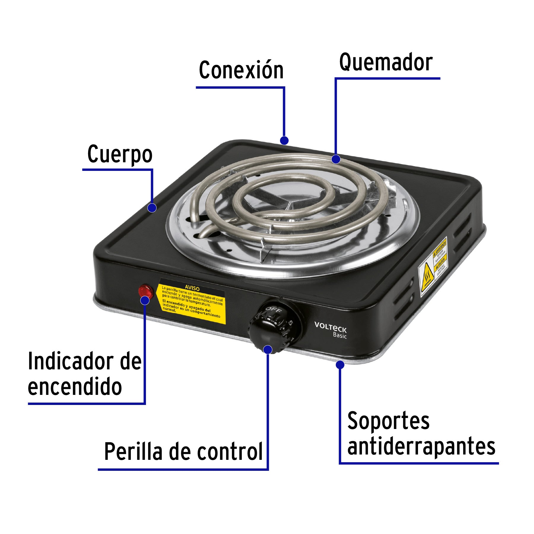 Parrilla eléctrica 1 quemador en espiral, negra, BASIC, 26093