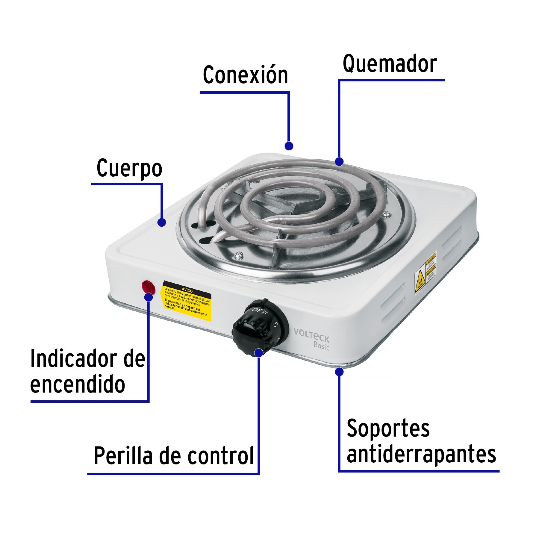 Parrilla eléctrica 1 quemador en espiral, blanca, BASIC, 23031