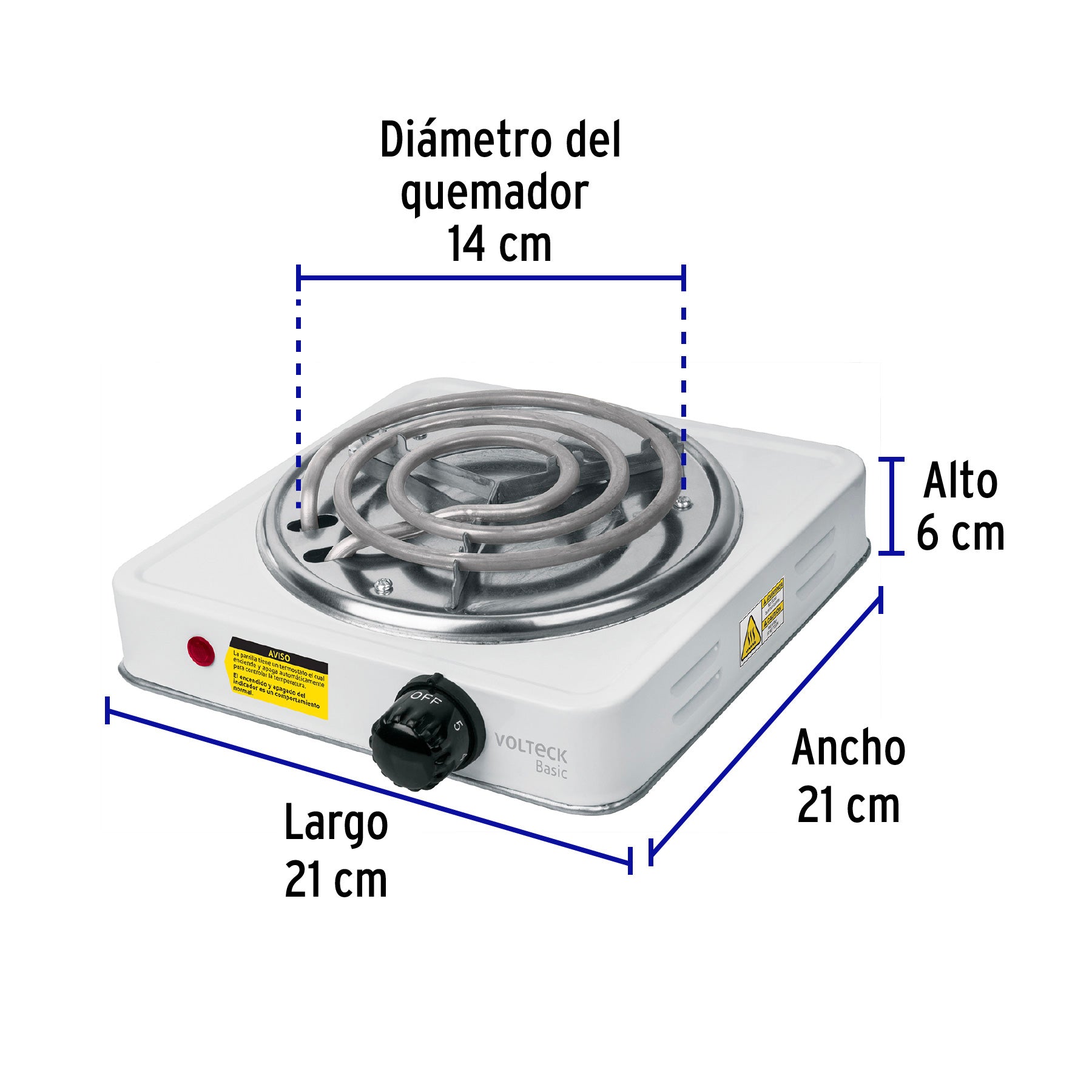 Parrilla eléctrica 1 quemador en espiral, blanca, BASIC, 23031