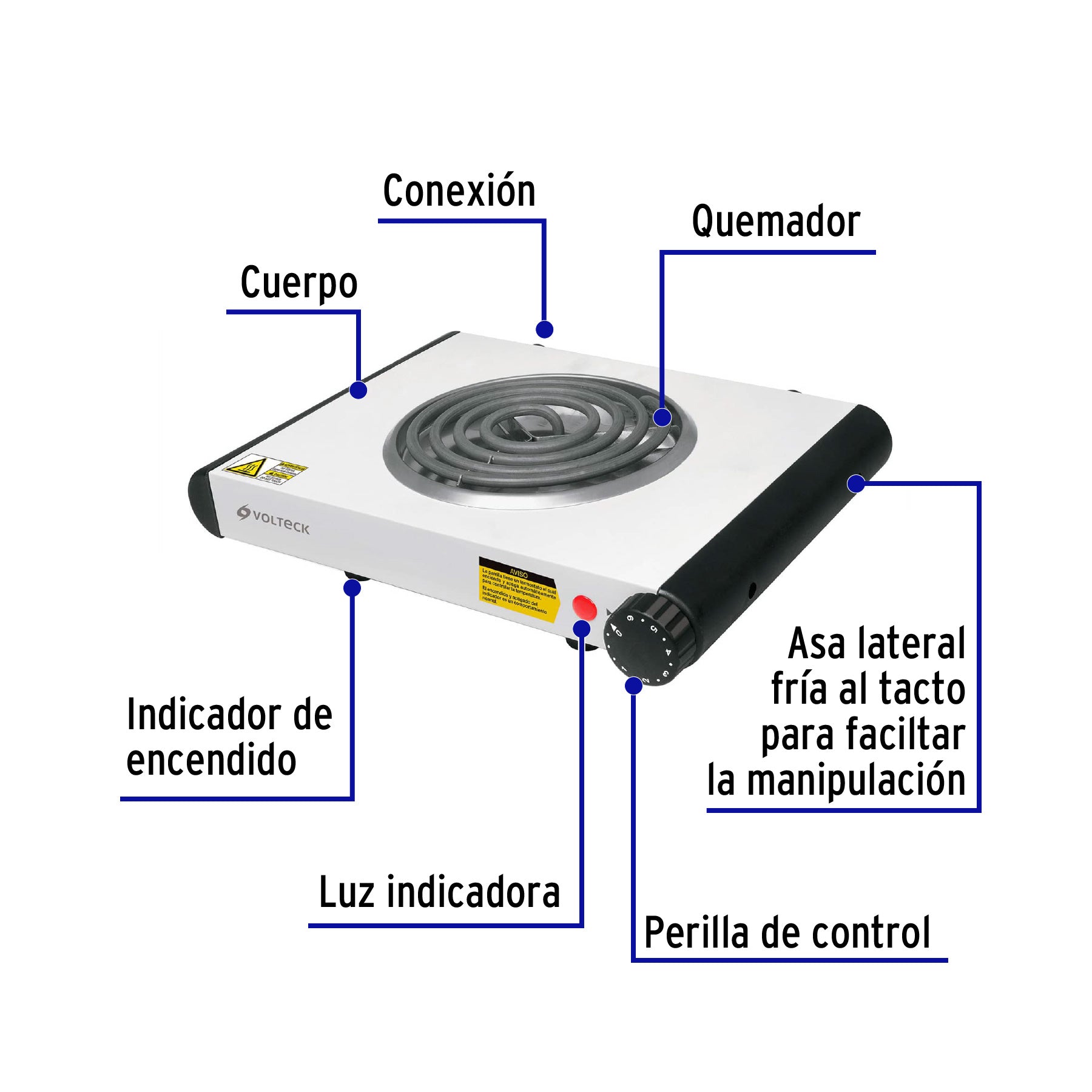 Parrilla eléctrica 1 quemador en espiral, blanca, VOLTECK, 48126