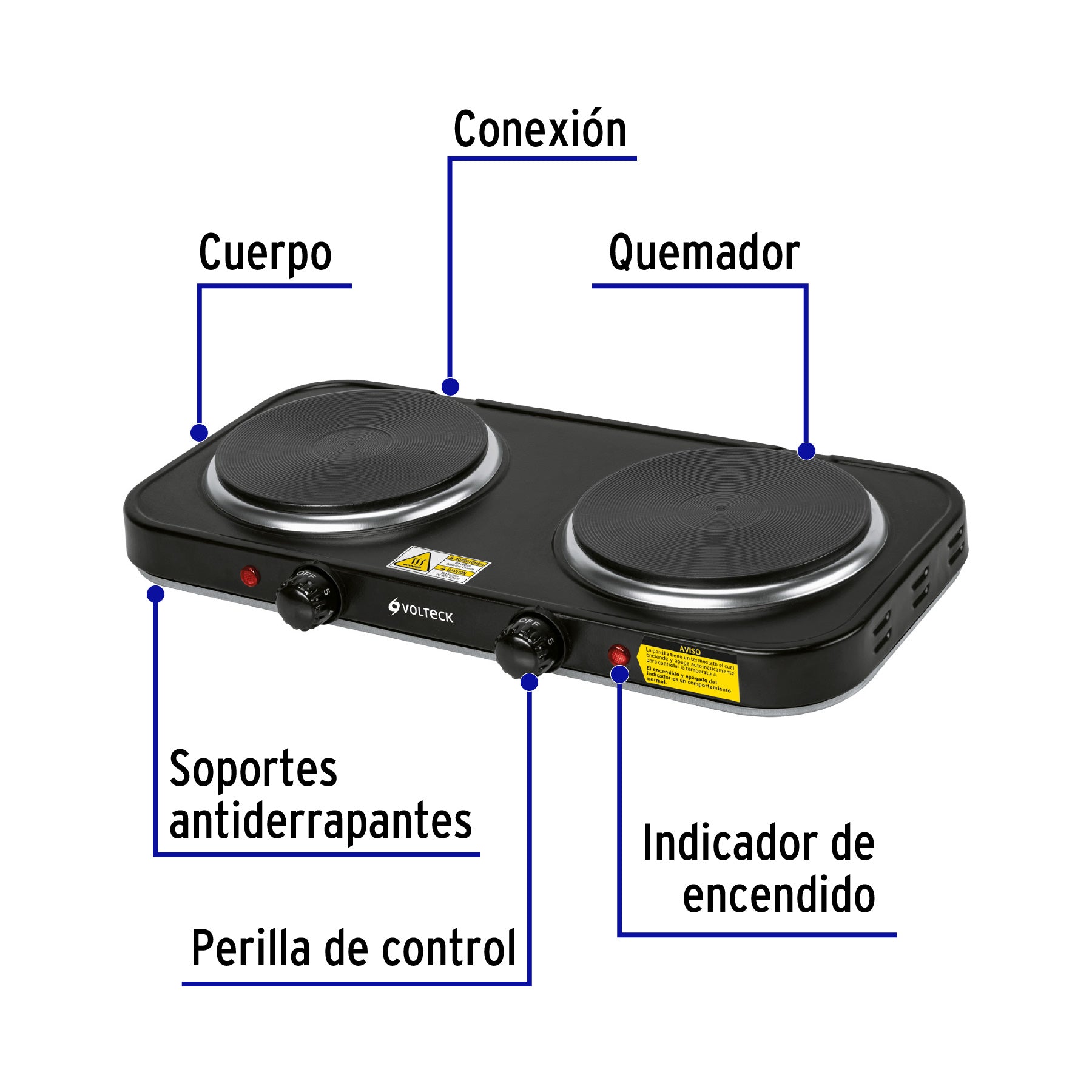 Parrilla eléctrica 2 quemadores de disco, negra, VOLTECK, 47553